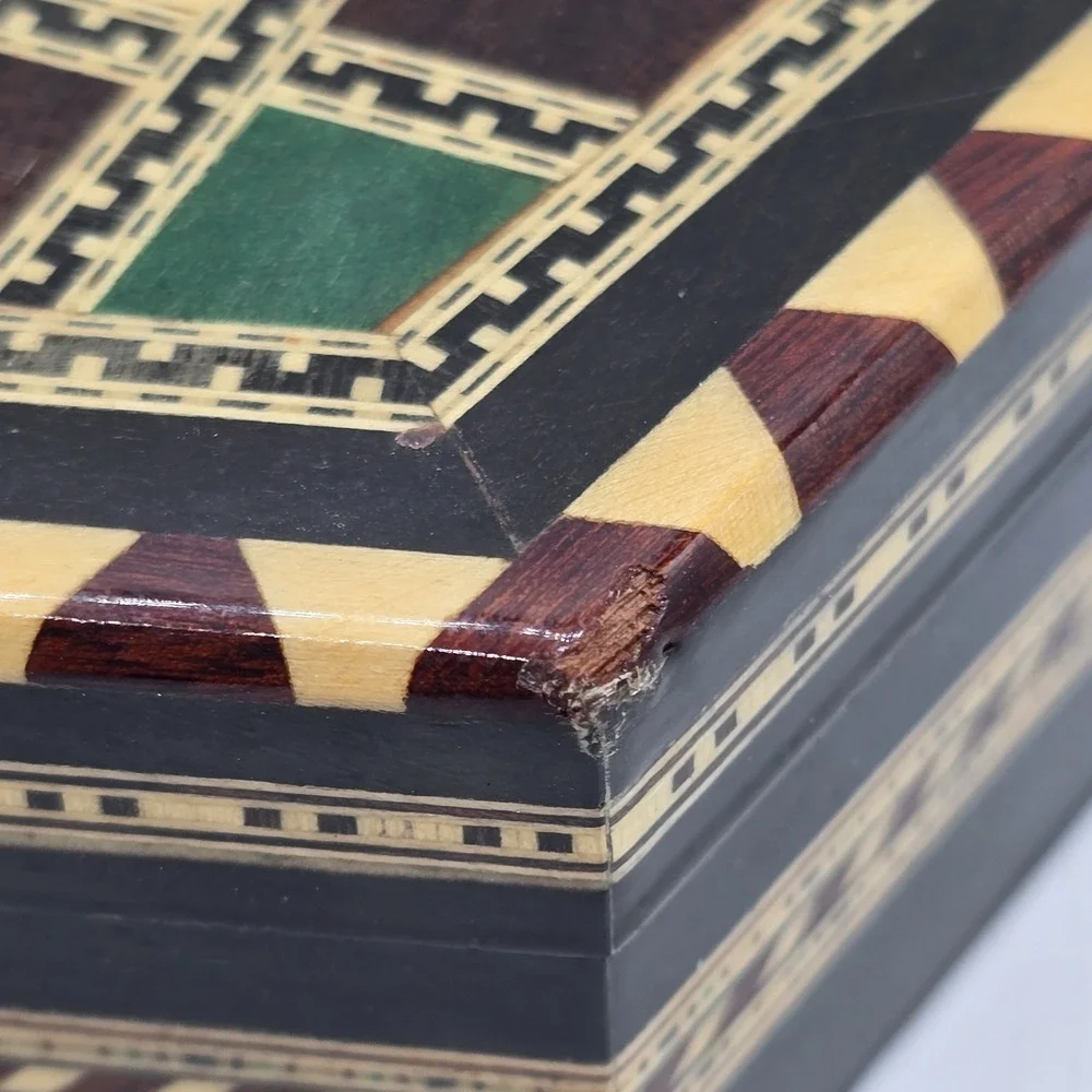 Vintage Moroccan Inlay‎ Wood Jewelry Box Geometric Marquetry Hexagon